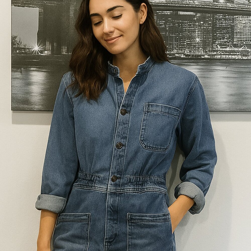 Frame Blue Sedona Wash Denim Long Sleeve Jumpsuit S